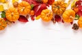 Festive autumn pumpkins decor with fall leaves, berries, nuts on white background. Thanksgiving day or halloween holiday, harvest