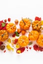 Festive autumn pumpkins decor with fall leaves, berries, nuts on white background. Thanksgiving day or halloween holiday, harvest Royalty Free Stock Photo