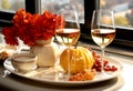 Festive autumn table setting for fall holidays, thanksgiving, halloween with pumpkins and autumn leaves Royalty Free Stock Photo