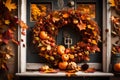 A festive autumn wreath on a front door, welcoming guests to a Thanksgiving feast