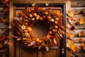 A festive autumn wreath on a front door, welcoming guests to a Thanksgiving feast