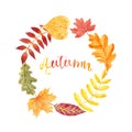 Festive autumn wreath with watercolor leaves, isolated on white background. Fall leaf decorative frame Royalty Free Stock Photo