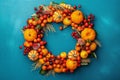 Festive autumn wreath from yellow pumpkins, fall leaves and red berries on textured blue wall. Farmhouse home decor Royalty Free Stock Photo