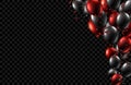 Festive background with black and red shiny balloons and confett