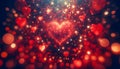 Festive background with blurry hearts, bokeh lights, sparkle effect glowing heart in the center Royalty Free Stock Photo