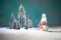 Festive background. Christmas decorations. Santa Claus (or Snowman) standing on snow with beautiful decorated background with Royalty Free Stock Photo