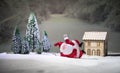 Festive background. Christmas decorations. Santa Claus (or Snowman) standing on snow with beautiful decorated background with Royalty Free Stock Photo