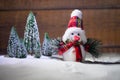 Festive background. Christmas decorations. Santa Claus (or Snowman) standing on snow with beautiful decorated background with Royalty Free Stock Photo