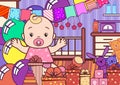 Festive background with a cute joyful baby in a children`s room with balloons, gifts, toys.