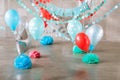 Festive background decoration for birthday celebration, letters saying one and colorful balloons in studio, cake smash Royalty Free Stock Photo