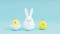 Festive background for easter, easter white rabbit yellow chicken and chicken hatched in a shell blue background.