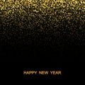 Festive background with falling glitter confetti, golden dust on black. Sparkling glitter border, vector frame. Great