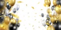 Festive background with flying balloons and falling confetti. Composition with blurred depth of field and central open Royalty Free Stock Photo