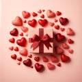 Festive Background, Gift Box and Many Red Hearts on Pastel Pink, Top View. Generative ai for illustrations Royalty Free Stock Photo