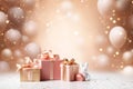 Festive background with gift boxes and balloons on bokeh background