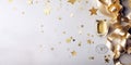 Festive background with glass of champagne, golden confetti stars and party ribbons against a white background. Royalty Free Stock Photo