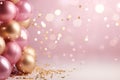 Festive background with golden and pink balloons and confetti