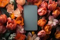 Festive background hosts mobile phone and spring tulips in a flat lay