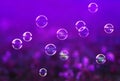 Festive background with many shiny iridescent soap bubbles fly l