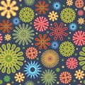 Festive background. Night. Square Seamless pattern. Bright flashes of fireworks in a symbolic style. Petard and squib