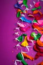 Festive background of purple material colorful balloons streamers confetti box gift Top view flat lay copy space Royalty Free Stock Photo