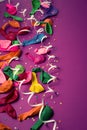 Festive background of purple material colorful balloons streamers confetti box gift Top view flat lay copy space Royalty Free Stock Photo