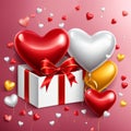 Festive background with realistic heart shaped balloons red and yellow colors, open gift box, Romantic banner Royalty Free Stock Photo