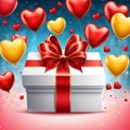 Festive background with realistic heart shaped balloons red and yellow colors, open gift box, Romantic banner Royalty Free Stock Photo