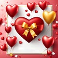 Festive background with realistic heart shaped balloons red and yellow colors, open gift box, Romantic banner Royalty Free Stock Photo