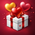 Festive background with realistic heart shaped balloons red and yellow colors, open gift box, Romantic banner Royalty Free Stock Photo