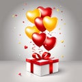 Festive background with realistic heart shaped balloons red and yellow colors, open gift box, Romantic banner Royalty Free Stock Photo