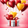 Festive background with realistic heart shaped balloons red and yellow colors, open gift box, Romantic banner Royalty Free Stock Photo