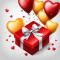 Festive background with realistic heart shaped balloons red and yellow colors, open gift box, Romantic banner Royalty Free Stock Photo