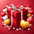 Festive background with realistic heart shaped balloons red and yellow colors, open gift box, Romantic banner Royalty Free Stock Photo