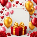 Festive background with realistic heart shaped balloons red and yellow colors, open gift box, Romantic banner Royalty Free Stock Photo