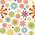 Festive background. Square Seamless pattern. Bright flashes of fireworks in a symbolic style. Petard and squib. Flat Royalty Free Stock Photo