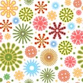 Festive background. Square Seamless pattern. Bright flashes of fireworks in a symbolic style. Petard and squib. Flat