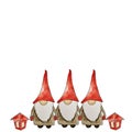 Festive background three gnomes with lanterns. Background with copy space for text. Perfect for invitations, cards