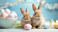 Festive background with two cute Easter bunnies and Easter eggs. Celebration of Holy Easter Royalty Free Stock Photo