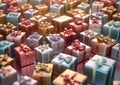 Festive background with various mystery gift present boxes.Macro.AI Generative Royalty Free Stock Photo