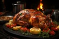 Festive baked turkey with vegetables on the dinner table, Thanksgiving Royalty Free Stock Photo