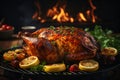 Festive baked turkey with vegetables on the dinner table, Thanksgiving 1 Royalty Free Stock Photo