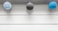 3 festive balls element decoration object interior celebration design against a background of white wooden texture copy space