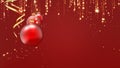 Festive balls, golden serpentine and sparkles on the red Christmas background. Nice design for Xmas or New Year greeting card,