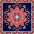 Festive bandana print with bright flower - mandala on dark blue background. Square carpet.