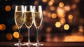 Festive banner with copy space. Three wine glasses for champagne with Sparkling drink, with bokeh on background in the nighttime