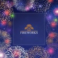 Festive banner with fireworks, frame and place for text in the middle, invitation to a holiday. Vector Royalty Free Stock Photo