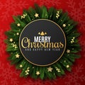 Festive banner for Merry Christmas and Happy New Year. Fir tree with golden stars and confetti. Pattern of snowflakes. Greeting Royalty Free Stock Photo