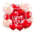 Festive banner, red and pink heart balloons and golden serpentines. Postcard I love you, poster, 3d illustration vector Royalty Free Stock Photo