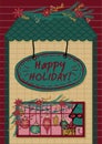 Festive banner stylized as a wall of a house with a signboard of Happy Holiday and a window decorated with garlands and toys.